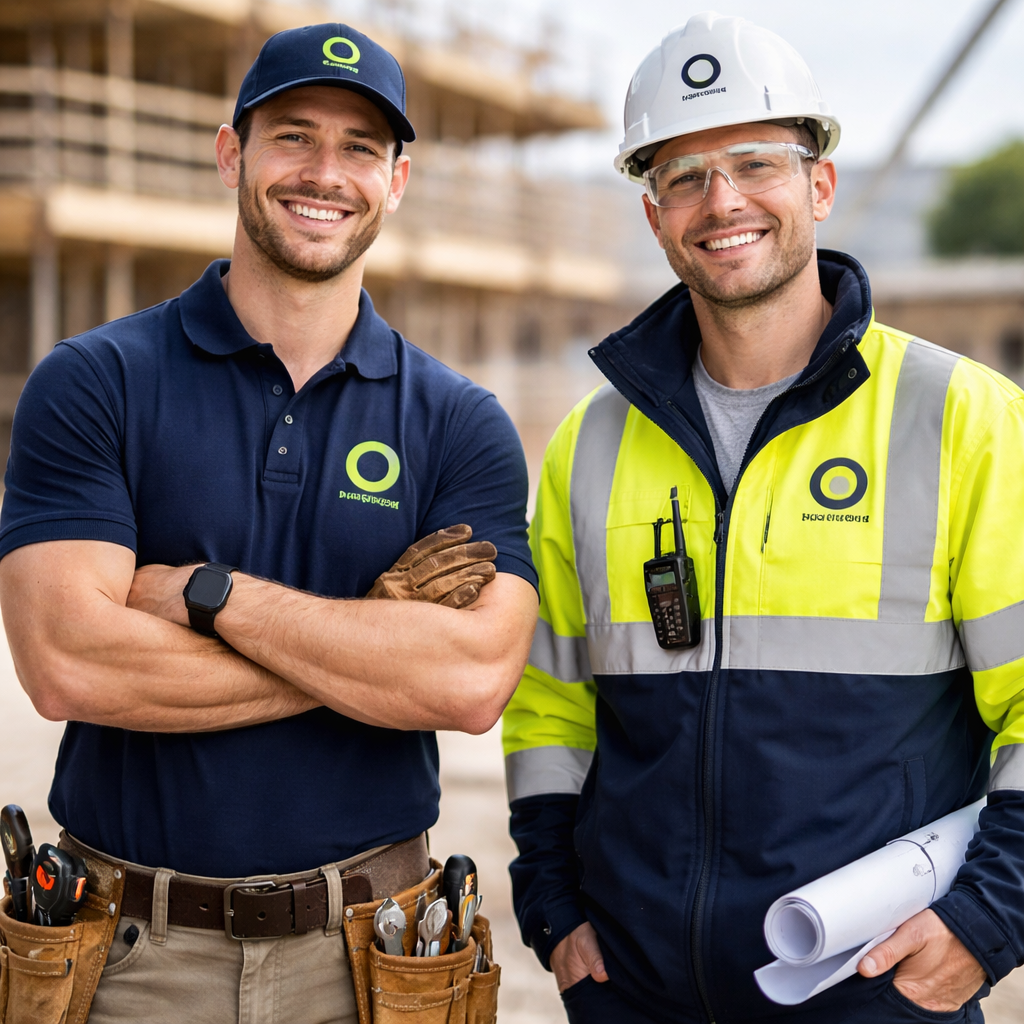 two workers wearing branded workwear uniforms UK including polo shirt and high visibility safety jacket